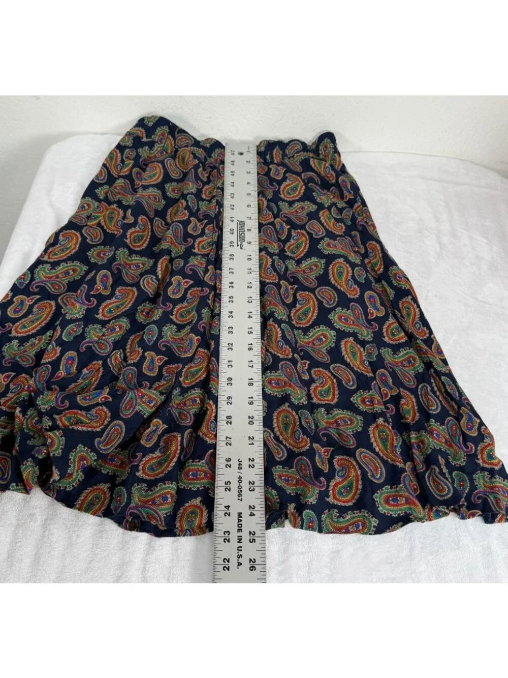Vintage Liz Sport Paisley Print Midi Skirt Navy Rayon Elastic Waist Small A-Line